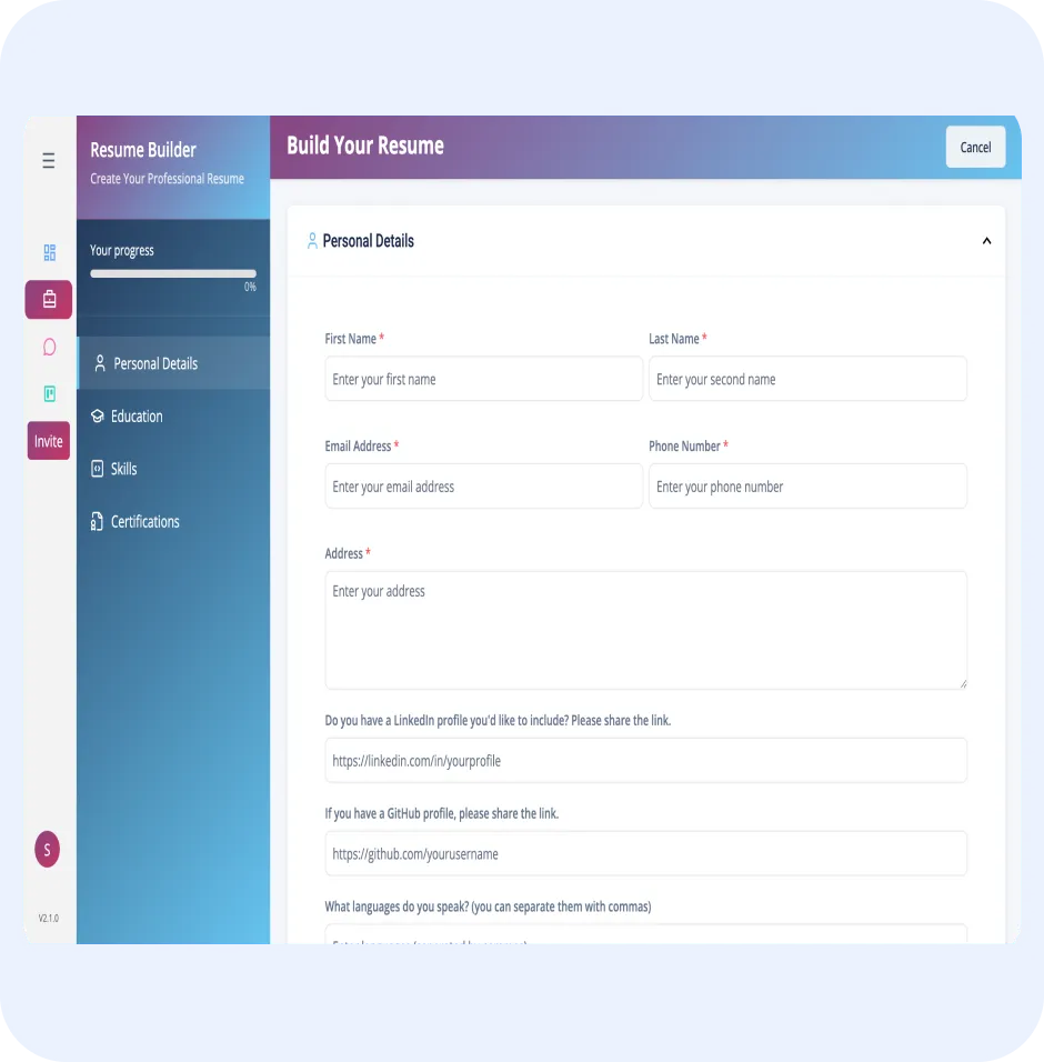 Resume builder interface displaying fields for personal details, including first name, last name, email address, phone number, and address, with sections for LinkedIn and GitHub profiles, emphasizing user-friendly design for creating professional resumes.